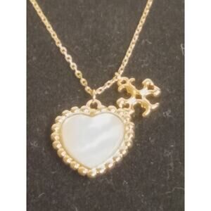 Tory Burch Gold Shell Heart Cross Charm Necklace Logo Pendant Dainty Gift Ready
